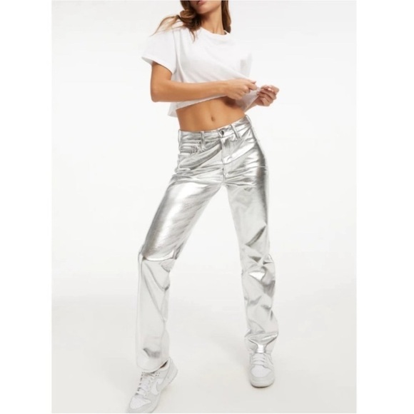 Good American Faux Leather Good Icon Straight Pants Silver Metallic Disco 8 29 - Picture 12 of 14